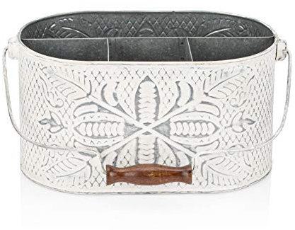 CRAFTSMAN ROAD Étagère en métal blanc vieilli – Organiseur de cuisine galvanisé avec poignée – Support vintage rustique multi-compartiments pour serviettes, assiettes, couverts, couverts, fournitures