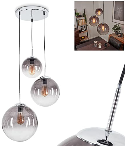 HOFSTEIN Hängeleuchte Degevos, Hängelampe aus Metall/Glas in Chrom-/Rauchfarben, moderne Pendelleuchte im Retro/Vintage-Design, Höhe max. 120 cm, 3 x E27, Esszimmer, Küche, Wohnzimmer
