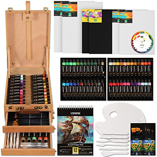 VISWIN Deluxe Acrylic Paint Kit with Tabletop Easel Box, 74 Pcs Painting Kit with 48 Acrylic Paint Set, Canvas, Brushes, Art Supplies for Adults, Artists, Beginners