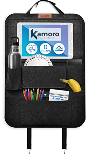 Auto Organizer Kinder mit großem Tablet-Halter und Touch-Funktion - Einfache Befestigung an jedem Sitz [1 Stück] - Rückenlehnenschutz aus extra dickem Filz - Organizer Auto für Aufbewahrung und Schutz