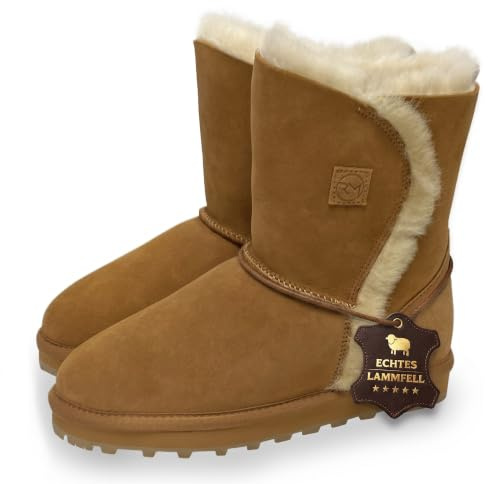 Rohn Moden Helsinki Lammfell Boots Damen – Stiefel Lammfell gefüttert & Winterstiefel aus 100% echtem Lammfell, warm und atmungsaktiv – Lammfell Stiefel Damen – leichte EVA-Gummisohle