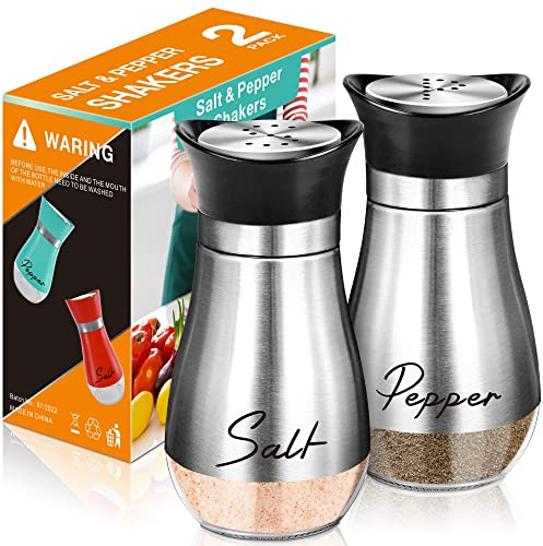 powglass Salz- und Pfefferstreuer Set, 4 oz Glasboden Salz Pfefferstreuer mit Edelstahldeckel für Küche Kochtisch, Wohnmobil, Camp, BBQ Nachfüllbares Design (Silber)