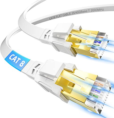 Câble Ethernet 5m, RJ45 Plat Cat 8 Cable Réseau 5 Mètres Blindé Haut Débit Fibre 40Gbps 2000MHz, LAN Gigabit Câble Internet Blanc pour PS5/4 Routeur Switch Xbox Modem PC