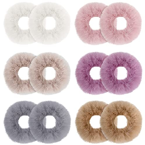 BBTO 12 Stk. Plüsch Haargummis Pelzig Scrunchies Flauschig Haarband Pompon Haargummis Keine Falte Elastisch Weich Fell Kunstpelz Haarseil Pferdeschwanz Halter Zubehör für Frauen Mädchen, 6 Farben