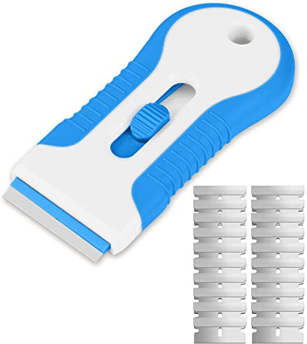 Ainiv 1 Raspadores de Cristal con Mango Largo, Incluyendo 20 Cuchillas de Repuesto, Rascador Multiusos de Limpieza para Raspar Etiquetas, Pegatinas, Calafateo, Pintura de Vidrio（Gris Azul）