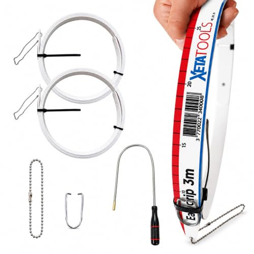 EASY-GRIP - Kit Double Aiguille Électricien 3 m + 1,5 m – Passe Câble Mural avec Chaînette, Agrafe et Aimant – Tire Fil Électrique Flexible et Gradué pour Cloisons, Faux Plafonds et Combles