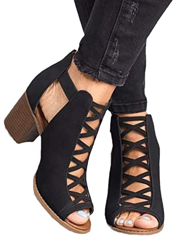 MIYYO Eleganti Sandali con Tacco Largo Sandals alla Moda da Donna Stivaletti Spuntati Estivi con Cerniera Scarpa Casual Traspirante da Donna (Color : Black, Size : 43 EU)