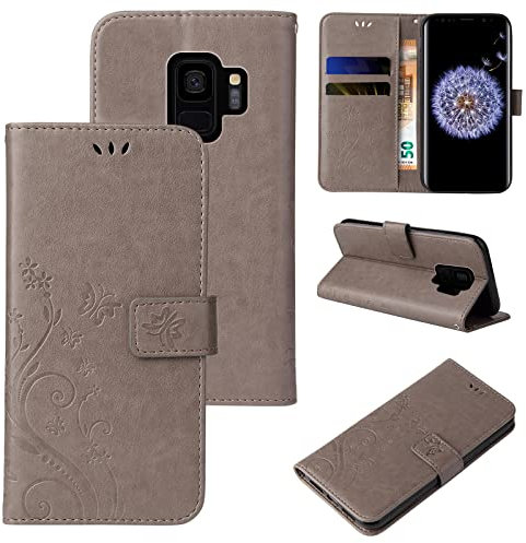 LBH Handy Hülle für Samsung Galaxy S9 Case Handytasche Schmetterling Blumen Flower Standfunktion Schutzhülle Magnet Rundum Schutz 360 Grad Flipcase Cover Grau