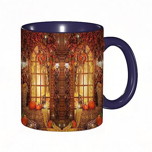 DHAEY Mug porcelaine fine Automne Citrouille Rustique Thanksgiving Automne Forêt Érable Paysage Naturel |Mug humour pour collègue, amis, copains, frères et soeurs |Mug original avec
