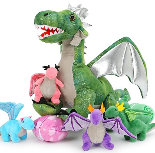MorisMos 55cm/22in Green Dragon Soft Toy with 4 Babies & 2 Eggs inside, Lifelike Dragons Teddy Plush Stuffed Animal Toys for Kids, Kawaii Presents for Boys Girls Birthday Party Decorations