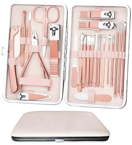 Acehome Juego de manicura 23 en 1, kit de pedicura profesional de acero inoxidable, tijeras de uñas, kit de aseo con funda de piel sintética rosa para viajes y uso doméstico (cuero rosa)