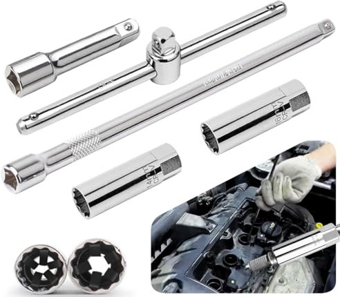 TAPKUA 16mm 14mm Zündkerzenschlüssel Satz 5TLG, 3/8 Zündkerzen Nuss mit 25cm + 7,6cm Stange, T Griff 360° Schwenkbare | 12-Punkt Universeller Zündkerzenstecker