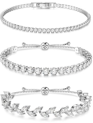 Dochais 3 Pezzi Set Tennis Bracciale Donna Argento, Braccialetto Tennis Zirconi, Braccialetti Diamond, Bracciale Strass Donna per Donne Ragazze Regalo