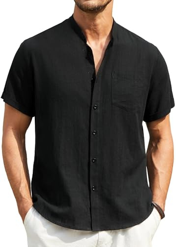 Enlision Camisa para Hombre Lino Coton Sin Cuello Manga Corta Camisas Negro Hombre Corte Regular Henley Camisas de Color Sólido con Botónes Bolsillo de Verano Playa Business XXL