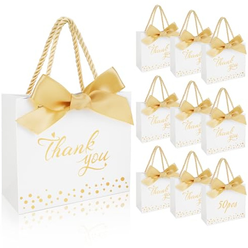 50 Piezas Bolsas Papel de Regalo de Agradecimiento con Asas-14x612 cm | Pequeñas Blanco Bolsa de Regalo de Agradecimiento de Fiesta con Oro Lazo para Duchas de Boda Duchas para Bebé Ducha Nupcial