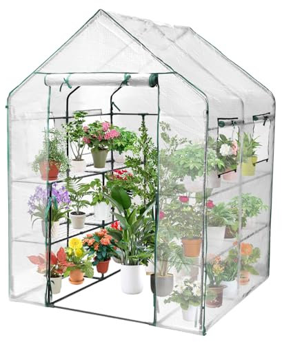 Ansobea Tomatengewächshaus Gewächshaus Winterfest Tomatenhaus mit Tür 4 Fenstern, aus Stahlrohr PE, 143 x 143 x 195cm, Weiß Gartengewächshäuser