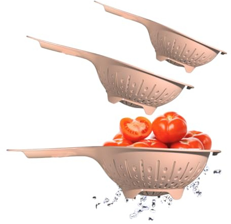 Tomko Küchensieb 3er Set, Nudelsieb aus Kunststoff mit Griff, ⌀ 22,/19/16cm Groß, Seiher zum Abwaschen von Obst & Gemüse, Abtropfsieb für Nudeln, Siebkorb, Stielsieb (Rosa)