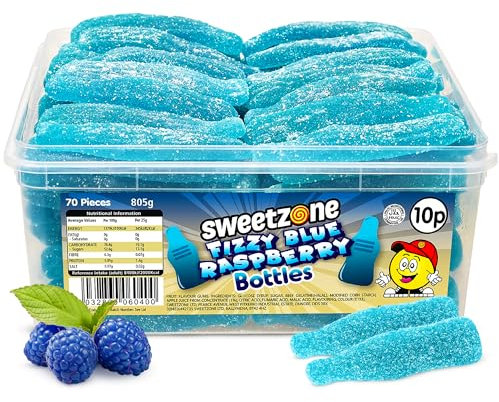Sweetzone Fizzy Giant Blue Raspberry Bottles, 805g Tub with 70pcs of Sour Sweets Candy, Halal Chewy Gummy in a Bulk Retro Sweets Tub, Fruity Flavour and Fizzy Kick, Perfect for Sharing and Party Bags