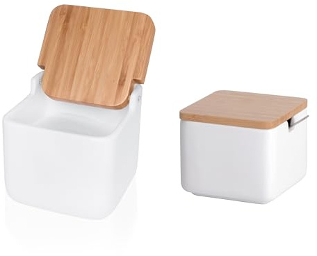 Set Salero y Azucarero de Cocina, Cerámica con Tapa de Bambú, Blanco