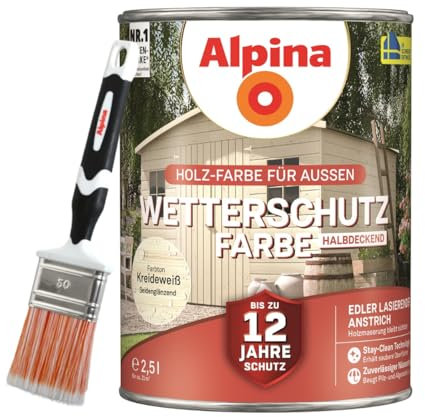 Alpina Holz-Wetterschutz-Farben inkl. Pinsel 50 mm – Kreideweiß, halbdeckend, seidenmatt – bis zu 12 Jahre Schutz vor Witterung und Nässe – schmutzabweisend, deckend & ergiebig – 2,5 L