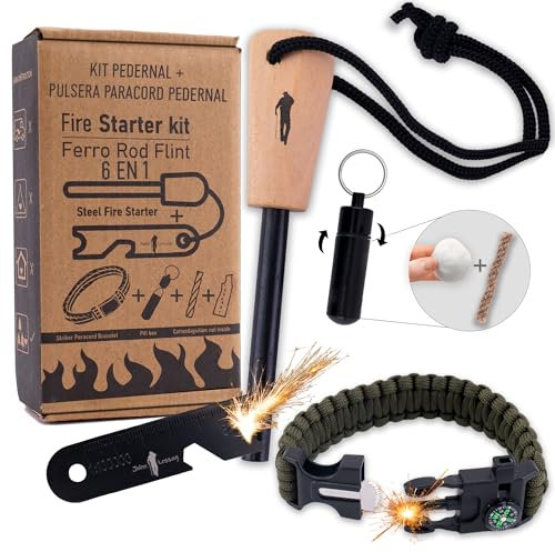John Lossag – Kit Supervivencia Profesional ecoFire – Pedernal de Ferrocerio, Pulsera Paracord y Mechero con Iniciador de Fuego | Encendedor Multiusos para Camping y Bushcraft | Verde