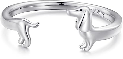 Bonito anillo de perro salchicha de plata de ley 925 para mascotas, cachorro, perro, banda de dedo abierta, anillo de declaración abierta, bandas ajustables, joyas delicadas para mujeres amantes de