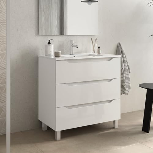 bathme Trio Mueble de Baño con Lavabo 3 Cajones Color Blanco Brillo - Medida: 80 cm 80 cm