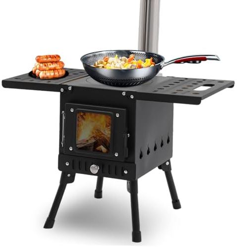Camping Holzofen, Faltbarer Zelt Holz Brennofen, Tragbarer Heißer Zeltofen mit Rohr und Handschuhen, Zeltheizung Campingofen für Outdoor Heizung & Kochen, Eisfischen, Schwarz