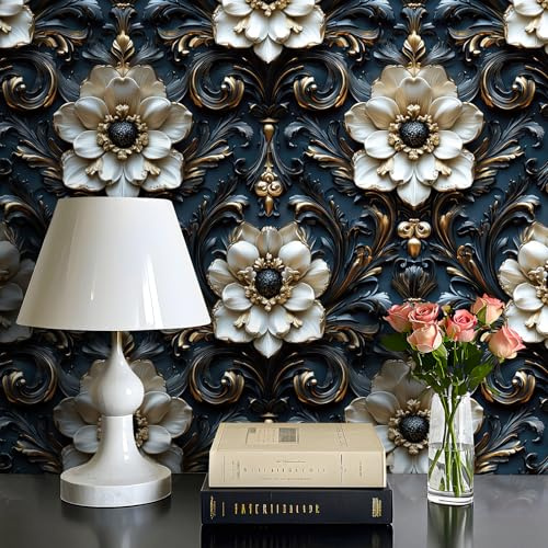 iPaste 17.5x237 Luxury Western Baroque Wallpaper Stick and Peel Bedroom Accent Wall Mural Wallpaper Metallic Embossed Flower Wall Paper for Girls Room Living Room Mural Contact Paper for Cabinets