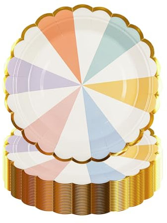 DHAIQC 50 Pcs Colored Party Paper Plates 7-Inch, Disposable Paper Plates with Gold Foil Scalloped Edge, Birthday Tableware for Picnic, Happy Birthday, Wedding, Party Supplies (Colored)