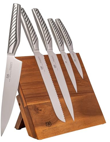 KARL HAUSMANN Messerset mit Magnetischer Messerblock - 6 Teilig Küchenmesser Set - Edelstahl Messer mit Kochmesser, Brotmesser & Universalmesser - Magnetischer Messerblock aus Eichenholz