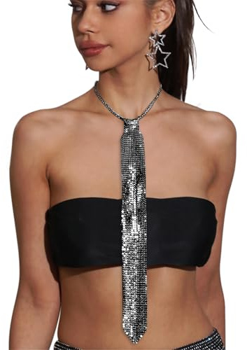 JIAHG Damen Glitzer Krawatte Verstellbar Pailletten Strass Krawatte 70er Jahre Disco Tie für Fasching Karneval Party Cosplay Kostüm Accessoire Einheitsgröße