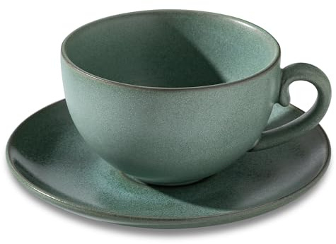 Cup and Saucer Set Turquoise Ceramic Cappuccino Mug Set of 1-10 oz Microwave and Dishwasher Safe, Perfect For Tea, Espresso, Latte - Porcelain Mugs for Kitchen or Cafe