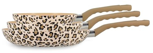 MENASTYL - Set de 3 poêles Léopard 24cm tous feux dont induction - Revêtement antiadhésif - Aluminium recyclé - Poignée effet bois ergonomique - Motif Léopard - 6014231