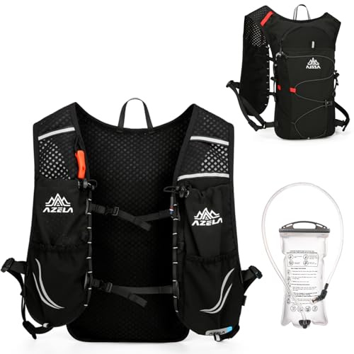 Azarxis Löparväst 10 l, lätt och vattenavvisande trailrunning-ryggsäck, reflekterande dryckesryggsäck för löpning, camping, vandring (svart 1,5 l drickbubbla, en storlek)