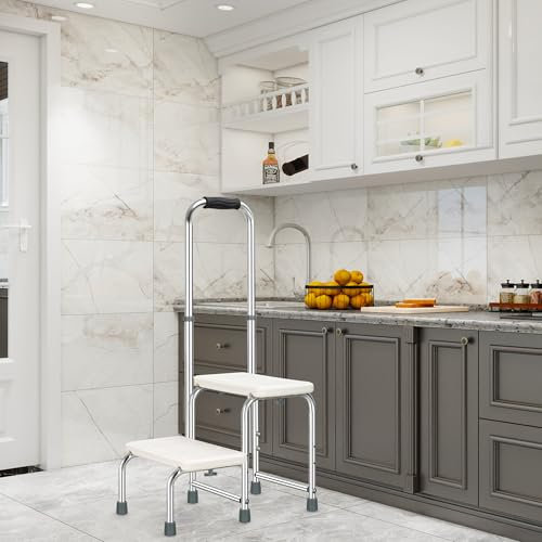 NIdreamCE 2 Step Stool with Adjustable Handle for Seniors,Bed Steps for High Beds for Adults, Foot Stool Ladder for Bedside, Kitchen, Car, RV, Bathtub Heavy Duty Steps for Elderly，Seniors