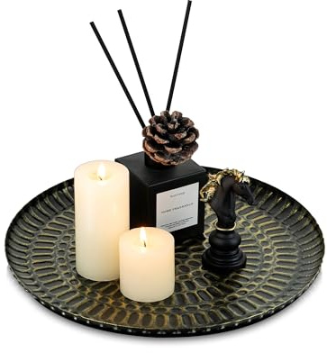 Romadedi Deko Tablett Schwarz Gold: Metall Hammered Dekotablett Rund Kerzentablett für Wohnzimmer Esstisch Tischdeko Dekorative Teller Kerzenteller für Kerzen Decoration,30cm