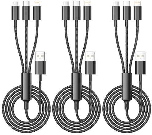Multi USB Kabel [1.2M 3Pack ], Ladekabel 3 in 1 Ladekabel Mehrfach Anschlüsse mit Micro USB Typ C Light-ning Anschluss, Nylon Universal Ladekabels für iPhone, Samsung Galaxy, Huawei, Honor, Android