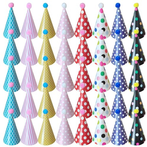 GMHLLES 40 Pcs Party Hats Party Hats for Kids Pom Poms Cake Birthday Cone Colorful Adjustable Headband for Boys Girls Kids Teenagers and Pets Perfect for Any Celebration