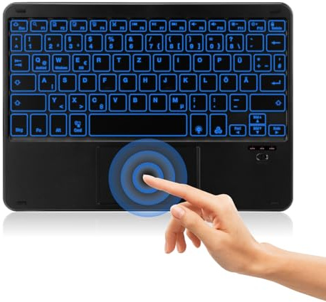 MAYPHY Kabellose Mini-Tastatur mit Touchpad, tragbare Tastatur mit 7-Farbiger Hintergrundbeleuchtung, für iPad, Tablets, Laptops, leise Tasten und kompaktes Design, Deutsches QWERTZ-Layout, Schwarz