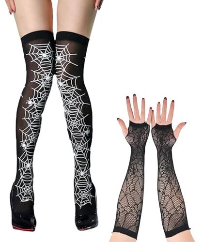 THXFUNAREA 2 Paar Halloween Kostüm,Spinnenstrümpfe Damen,Spider Gloves Halloween Women,Spinnennetz Spinnenstrümpfe,Kostüm Zubehör