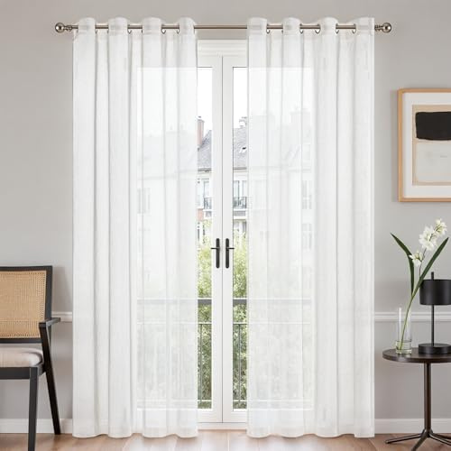 TOPICK Linen Look White Net Curtains for Bedroom Window 84 Inch Drop, Semi Transparent Voile Eyelet Curtains for Living Room, Long Woven Sheer Curtain 2 Panels for Patio Door, Nuresry, W55 x L84 Inch