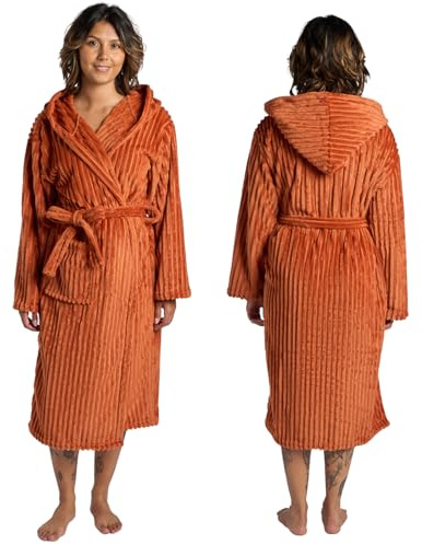 OHS Ribbed Fleece Mens Dressing Gowns, Gifts for Men Women Bathrobe with Hood & Pockets Soft Warm Comfy Luxury Oversized Fluffy Dressing Gown Womens, Rust One Size