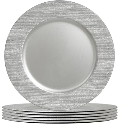 Argon Tableware Silver Charger Plates - 33cm - Dinner Set for 6 - Rib Design - Round Reusable Melamine Christmas Serving Dishes Large Dinnerware Christmas Plates Set for Party Celebrations, Weddings