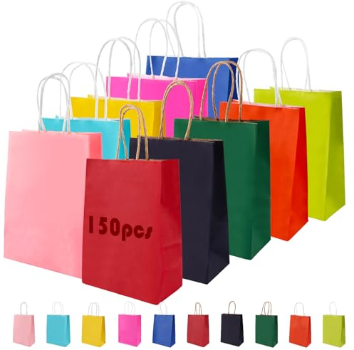 LDXDRU 150 Stück 15 x 21 x 8 cm 10 Farben Papiertüten mit Henkel, Klein Papiertüte Papier Geschenktüten Kraftpapiertüte, Papiertragetasche Geschenktüte für Weihnachten Geburtstag Hochzeit