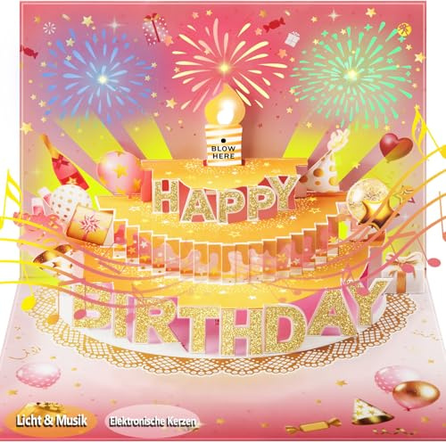 Carte d'anniversaire pop-up 3D avec lumières et son, bougie LED soufflée avec capteur, carte de vœux musicale chantante pour homme, femme, enfant (Rose et doré)