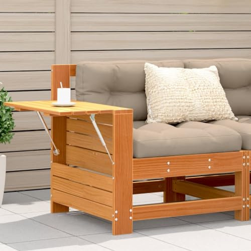 Hoopleep Gartensofa mit Armlehne, Kissen, Wachsbraun, Massivholz Kiefer, 69x62x70.5 cm, klappbarer Beistelltisch, modulares Design für Terrasse, Balkon, Außenbereich
