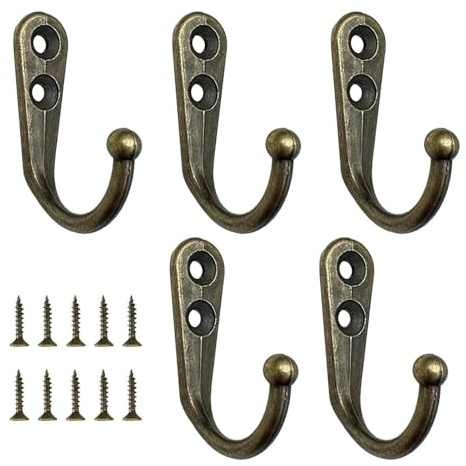 Ulvironte 5Pcs Vintage Coat Hooks Wall Mounted, Antique Hook with 10 Screws, Heavy Duty Bronze Coat Hooks, Single Metal Robe Hooks for Kitchen Bathroom Bedroom Hanging Bag Clothes(Color:Bronze)