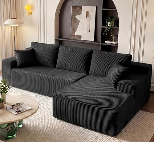 GRUSIGN Cloud Sectional Boneless Couches for Living Room, Modular L Shaped Couch with Deep Seat Oversized Right Facing Chaise, Memory Foam Compressed Spineless 3 Seater Sofa for Apartment, Black