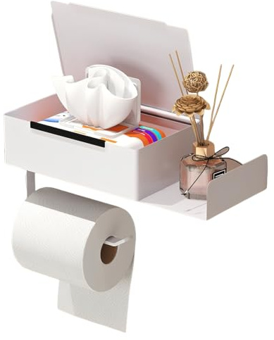 Klopapierhalter mit Ablage Weißer Klopapierhalter mit Feuchttücherbox | Edelstahl Ohne Bohren Klorollenhalter WC papierhalter toilettenpapierhalter mit box für Badezimmer Montage Erforderlich